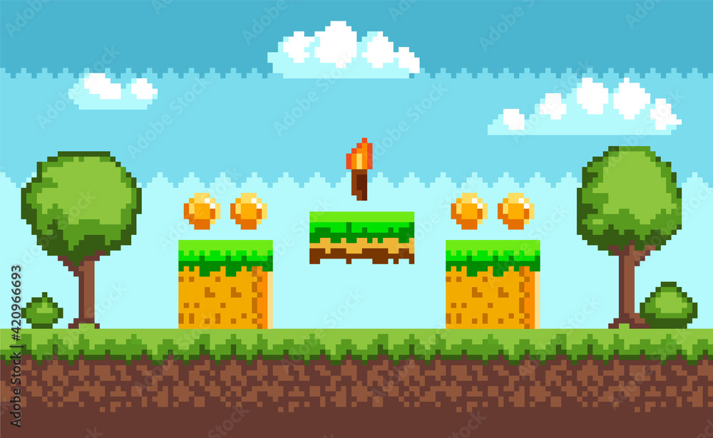 Poster pixel-game background with coins flying in sky. pixel art game scene with green grass and tall trees