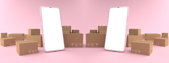3D rendering of Smartphone white screen surrounded by variety of cardboard box and boxes of various sizes. Concept of money, Business on mobile, concept Online delivery, isolated on pink background.