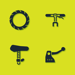 Set Bicycle wheel tire, brake, seat and handlebar icon. Vector