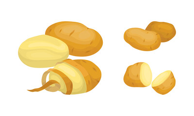Whole Potato Sliced as Root Vegetable or Starchy Tuber of Plant Vector Set