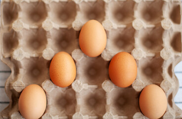 A few brown eggs among the empty cells of a large cardboard bag