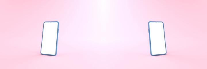 3D rendering of mockups Blue Smartphone white screen on pink floor, Blue Mobile phone lay down on the ground. Smartphone white screen can be used for commercial advertising,Isolated on pink background