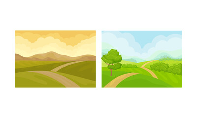 Obraz premium Winding Country Road and Green Landscape Vector Set