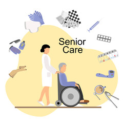 Senior care. Old man in a wheelchair and a nurse. Icons of items for the care of the elderly. Stock vector illustration. Cartoon.Concept of elderly care.