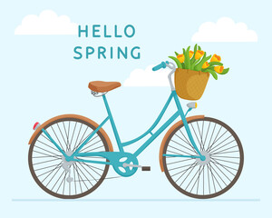 Hello spring. Vintage city bicycle with a flower basket. Design for greeting card, poster, banner, postcard, print. Vector illustration.