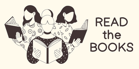 Young smart women reading books. Book lovers, fans of literature. Concept of World Book Day. Flat vector illustration.