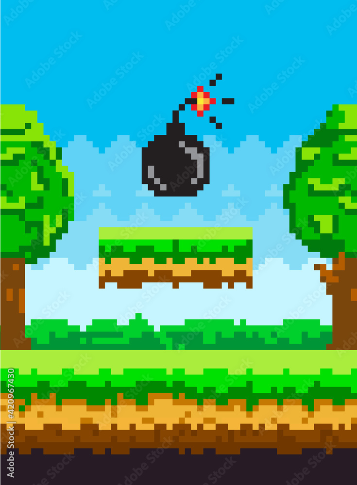 Poster pixel art style vector bomb element for retro pixel-game. black round core with wick that burns
