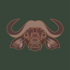 Hand-drawn abstract portrait of a buffalo for tattoo, logo, wall decor, T-shirt print design or outwear. Colorful vector stylized illustration on green background.