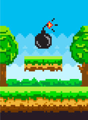 Pixel art style vector bomb element for retro pixel-game. Black round core with wick that burns