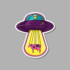 Sticker with an alien plate and an alien. Space. Vector illustration. Isolated background