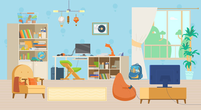 Cozy Children's Room Interior Flat Vector Illustration. Wooden Furniture, Bookcase, Working Place With Computer And Ergonomic Chair, Tv,  Playstation, Toys And Decorations.