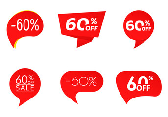 60% sale or discount tag or sticker set. 60 percent price off badge or label collection. Promotion, ad banner, promo coupon design element. Vector illustration.
