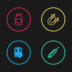 Set line Clipboard with DNA analysis, Syringe, Magnet lightning and Medicine bottle icon. Vector