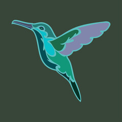Hand-drawn abstract portrait of a hummingbird for tattoo, logo, wall decor, T-shirt print design or outwear. Colorful vector stylized illustration on green background.