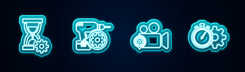 Set line Hourglass setting, Drill machine, Video camera and Time management. Glowing neon icon. Vector