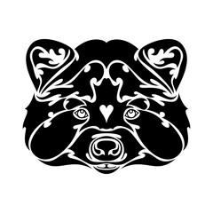 Hand-drawn abstract portrait of a raccoon for tattoo, logo, wall decor, T-shirt print design or outwear. Vector stylized illustration on white background.