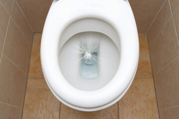 Toilet paper tube in the toilet bowl. Aqua tube toilet pack biodegradable paper dissolve
