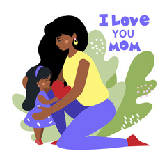 Beautiful woman afro american with daughter. Happy Mother's Day holiday concept. Vector flat style illustration