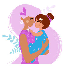 Beautiful young girl with pink hair with a daughter on a white background. Family concept. Greeting card for Mother's Day. Stay at home