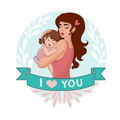 Happy young mother holds a sleeping baby and the inscription I love you on a white background. Happy family and mother's day concept. Beautiful vector illustration with people