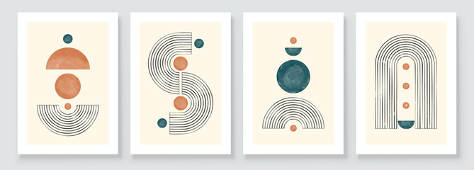 Mid Century Modern Design. A trendy set of Abstract Hand Painted Illustrations for Wall Decoration, Social Media Banner, Brochure Cover Design or Postcard Background. Aesthetic watercolor © great_bergens