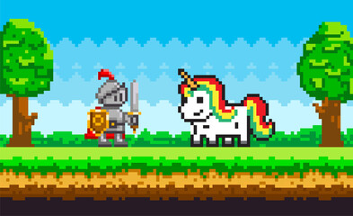 Rainbow unicorn and knight in armor pixel art in nature landscape background, fairytale characters