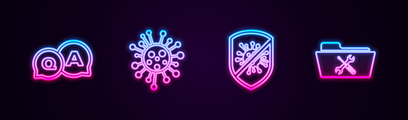 Set line Question and Answer, Bacteria, Stop virus, bacteria and Folder service. Glowing neon icon. Vector