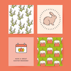 An Easter Set of their Postcards, Gift Tags, or layouts drawn in a Linear style with a Stroke. A pattern of Willow Branches, a Rabbit, a Folding Calendar with Easter Eggs and a pattern of Cakes