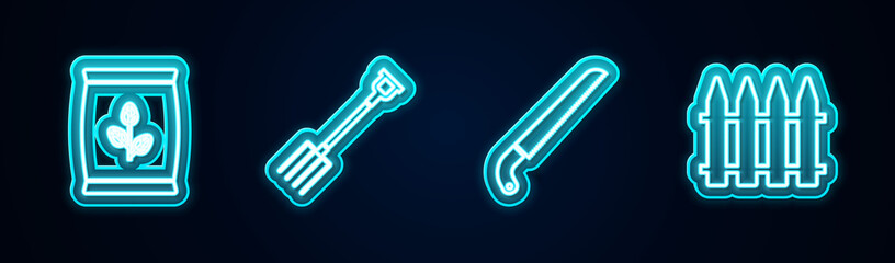 Set line Fertilizer bag, Garden pitchfork, saw and fence. Glowing neon icon. Vector
