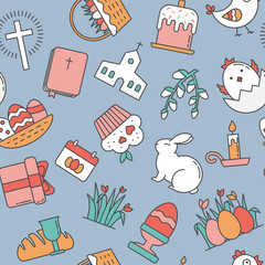 A seamless Pattern of Linear Easter Icons and Spring Holiday Elements. Simple Images with a Stroke in Pastel Colors