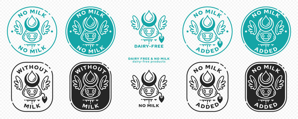 Concept for product packaging. Labeling - no milk. Cow head icon with horns, milk drop and wings - a symbol of freedom from the ingredient. Vector set.
