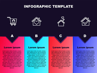 Set line Shopping cart with house, House heart shape, and check mark. Business infographic template. Vector
