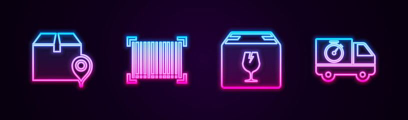 Set line Location with cardboard box, Barcode, Delivery fragile content and truck and stopwatch. Glowing neon icon. Vector