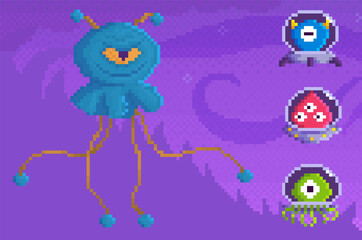 Boss of game next to little aliens. Angry blue monster with one eye. Cosmic object attacks heroes