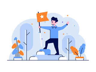 Vector Illustration Business Achievement Victory Peak point winner best holding flag nature stars flat and outline design style