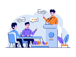 Vector Illustration Business and finance listening to a speech by a speaker employee-employer work discussion flat and outline design style