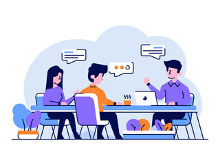 Vector Illustration Business and finance team discussion of meeting to solve problems strategy idea brainstorming flat and outline design style