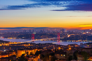 The Bosphorus bridge and the skyline of Istanbul at sunset