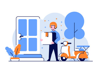 Vector Illustration Business marketplace people order some stuff in application the Courier deliver item with motorcycle flat and outline design style