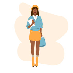 Young beautiful girl with a book and a bag in a beret. Fashionable vector illustration. Female student training concept. Flat style