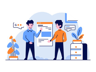 Vector Illustration Business two people offer presentation deal apps flat and outline design style
