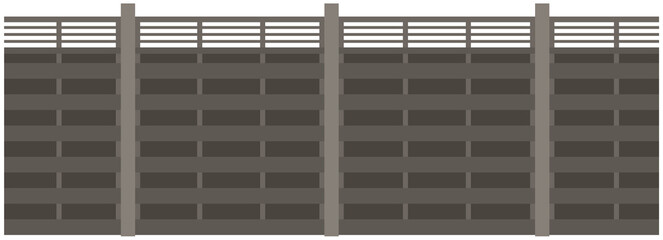 High concrete or metal fence with lattice. Element of landscape and interior of outdoor territory