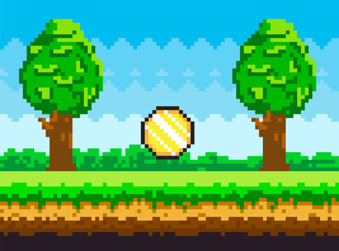 Pixel-game background with coins flying in sky. Pixel art game scene with green grass and tall trees