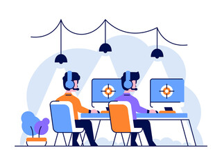 Vector Illustration Professional Gamer team with headsets at the table at computer playing video games tournament e-sport pro flat and outline design style