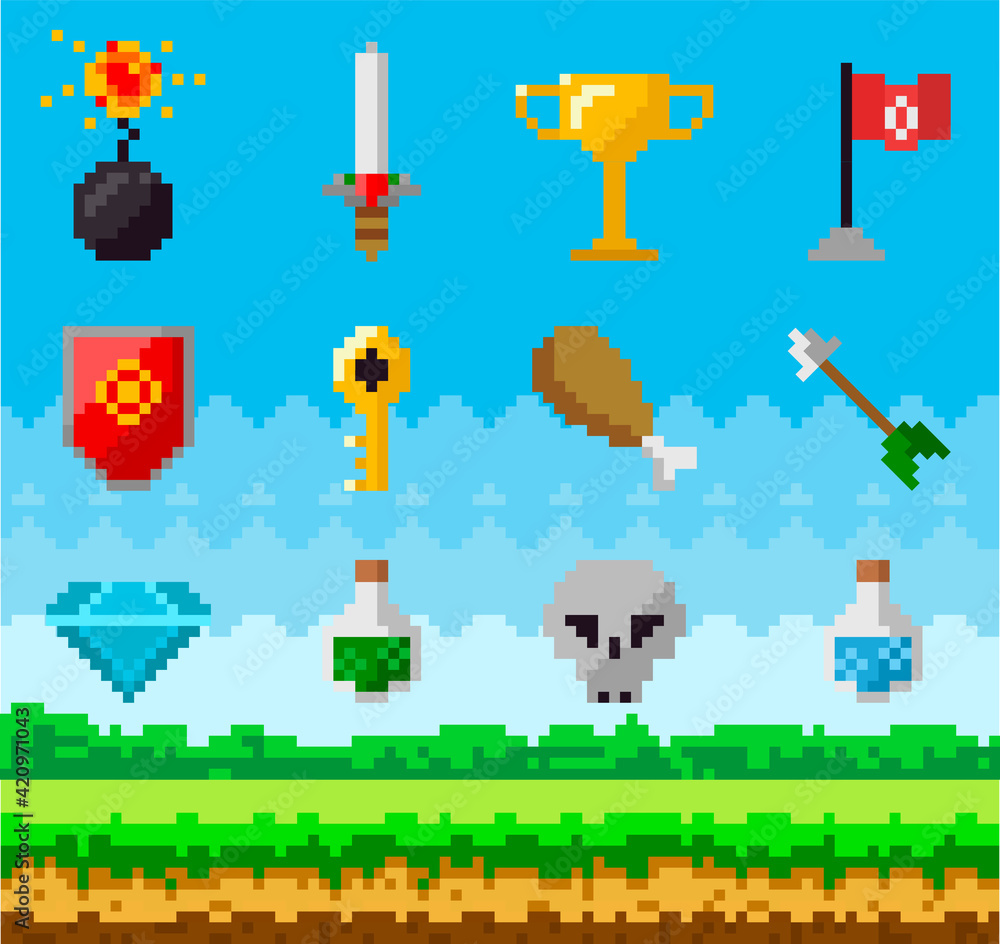 Poster pixel art game background with reward object in air. pixel game scene with grass platform and awards