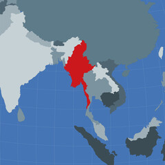 Shape of Myanmar highlighted in red on a world map, showing its location in relation to neighboring countries. Vector illustration.