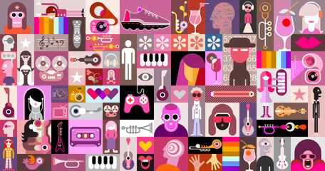 Pop-Art-Vektorcollage von Charakteren, Menschenavataren, verschiedenen Objekten und abstrakten Formen.