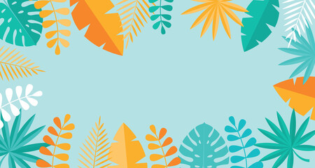 Fototapeta na wymiar Simple Tropical Palm and Motstera Leaves Natural Blue Background. Vector Illustration