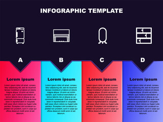 Set line Refrigerator, Grand piano, Big full length mirror and Shelf. Business infographic template. Vector