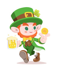 Cute style Leprechaun holding beer glass and gold coin cartoon illustration
